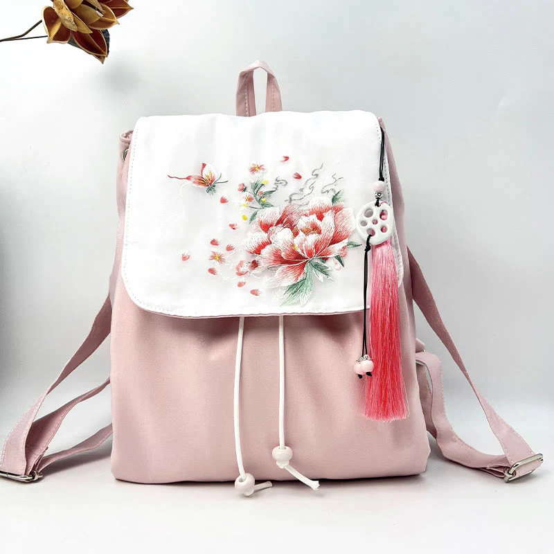 Mocoer Handmade Pink Peony Flowers Embroidered Large Capacity Canvas Backpack - Mocoer