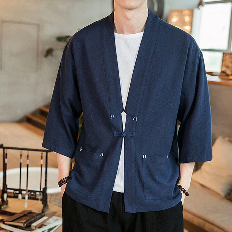 Mocoer Solid Color Chinese Frog-Button Open Front Jacket Cotton Linen Men's Kimono - Mocoer