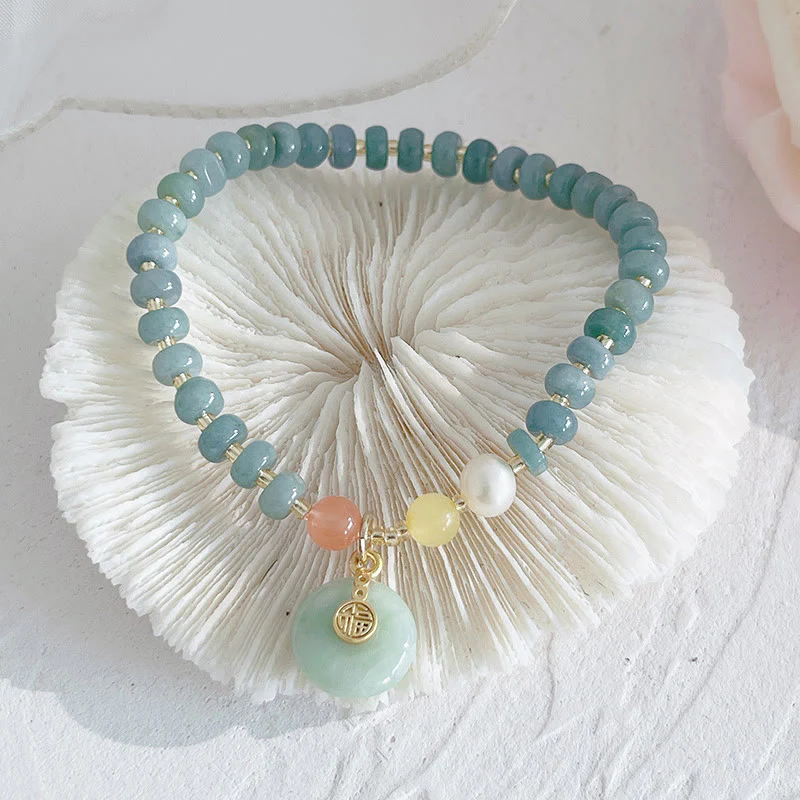 Mocoer Natural Hetian Jade Pearl Peace Buckle Fu Character Gourd Money Bag Strawberry Quartz PiXiu Luck Bracelet - Mocoer