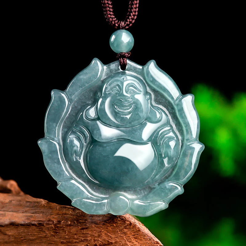 Mocoer Natural Jade Laughing Buddha Lotus Pattern Luck Necklace Pendant - Mocoer