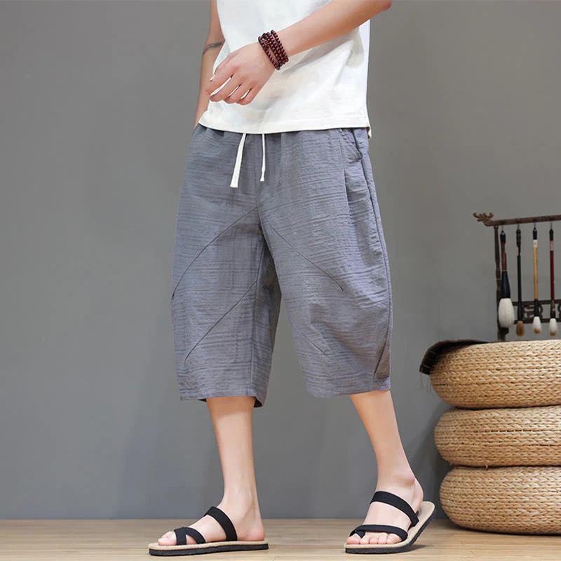 Mocoer Vintage Jacquard Solid Color Drawstring Cropped Cotton Linen Men's Harem Pants With Pockets - Mocoer