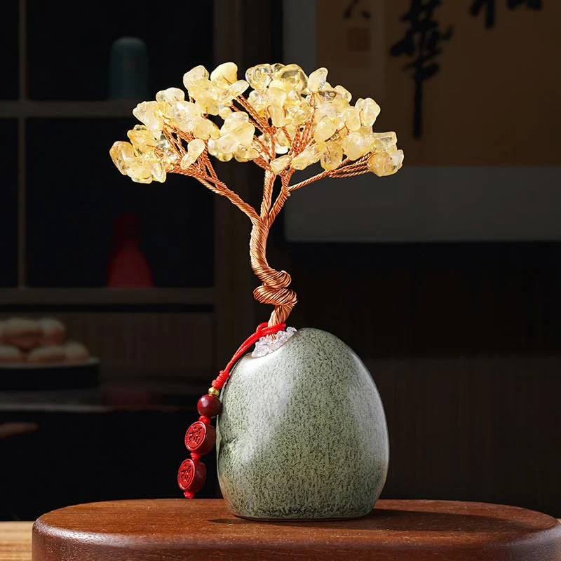 Mocoer Citrine Amethyst Green Aventurine Crystal Tree Ceramic Base Prosperity Home Decoration - Mocoer