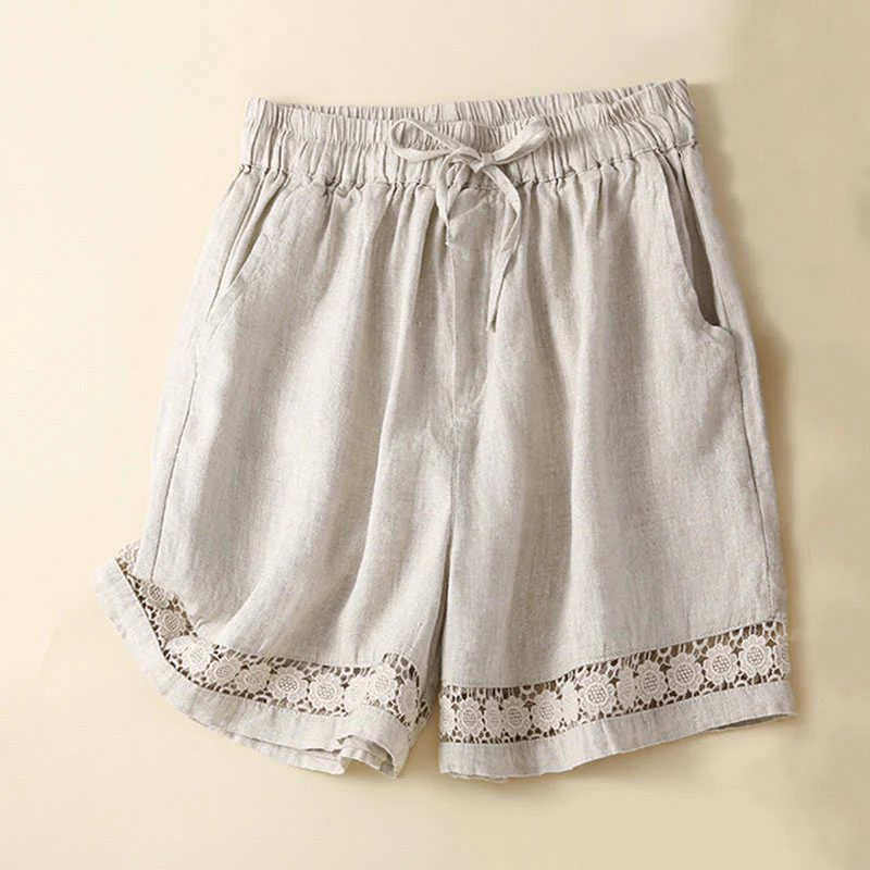 Mocoer Plain Color Bottom Hollow Lace Design Lace-up Cotton Linen Women's Shorts With Pockets - Mocoer