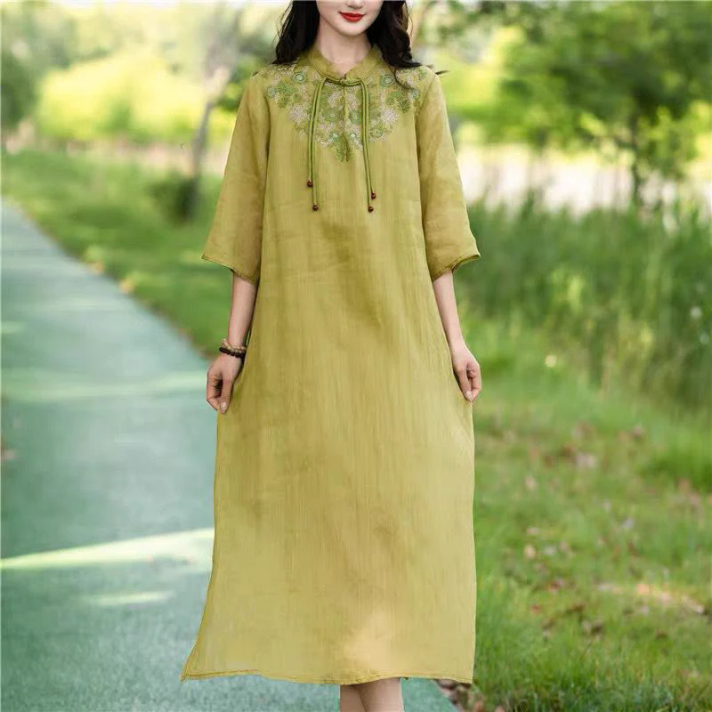 Mocoer Embroidery Flower Half Sleeve Cotton Linen Women's Midi Dress - Mocoer