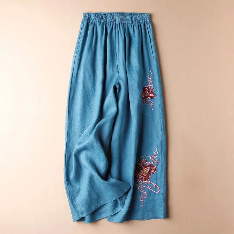 Mocoer Women Casual Loose Cotton Linen Embroidery Wide Leg Pants With Pockets - Mocoer