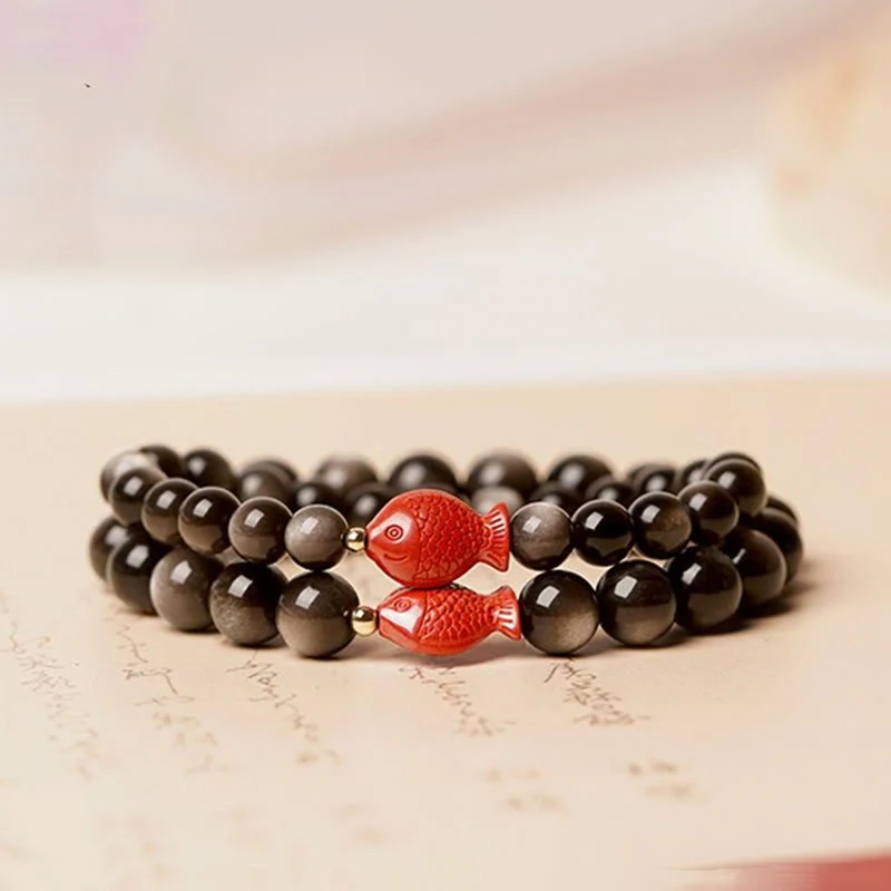 Mocoer Natural Silver Sheen Obsidian Cinnabar Koi Fish Soothing Protection Bracelet - Mocoer