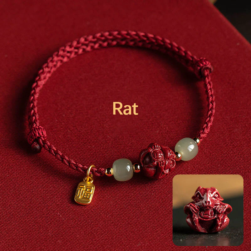 Mocoer Natural Cinnabar Chinese Zodiac Hetian Jade Fu Character Luck Rope Bracelet - Mocoer