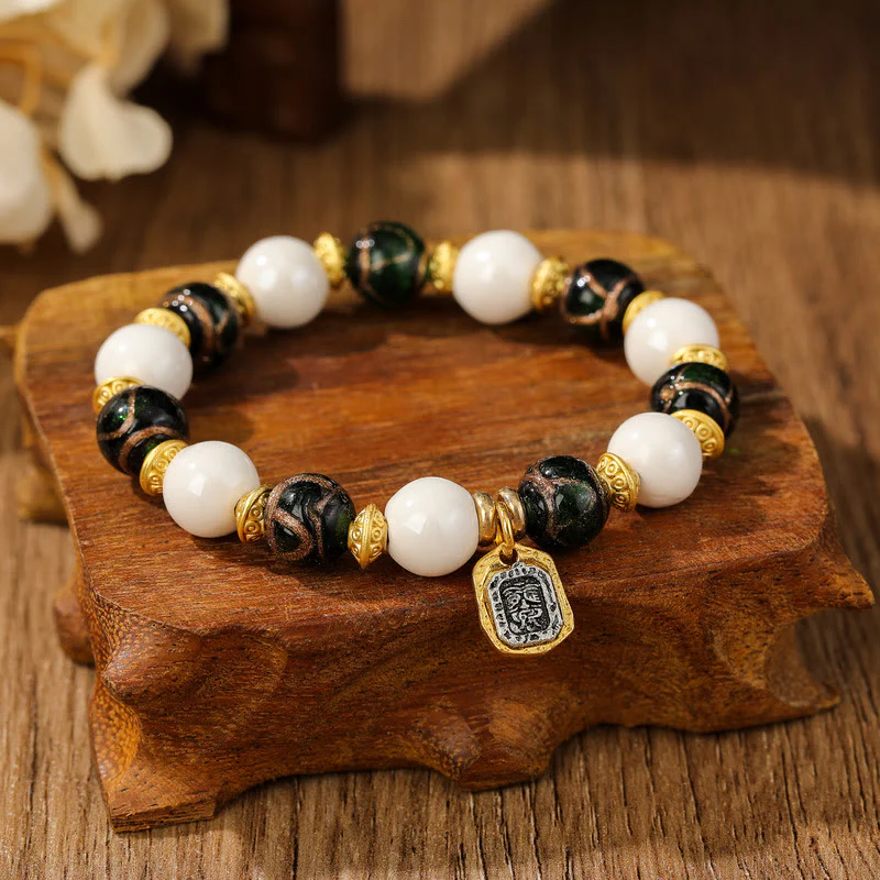 Mocoer Tibetan Zakiram Goddess of Wealth Charm Liuli Glass Incense Ash Porcelain Bead Protection Bracelet - Mocoer