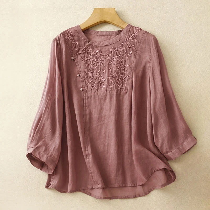 Mocoer Plain Frog-Button Embroidery Vine Long Sleeve Slanted Collar Cotton Linen Women's Shirt - Mocoer
