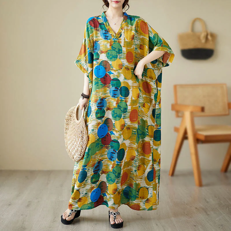 Mocoer Orange Blue Colorful Polka Dots Midi Dress Cotton Half Sleeve Dress With Pockets - Mocoer