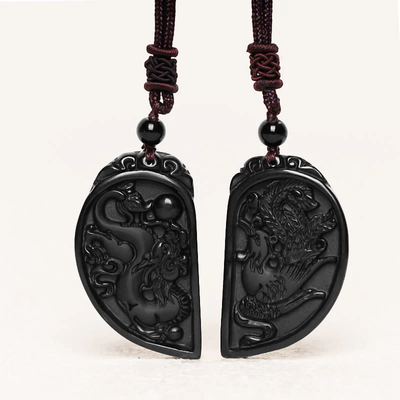 Mocoer Black Obsidian Love Dragon Phoenix Protection Necklace Pendant - Mocoer