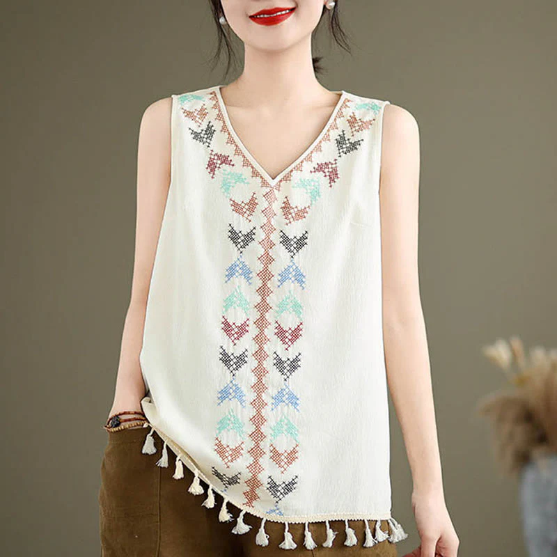 Mocoer Retro Embroidery V-Neck Tassel Tank Top - Mocoer