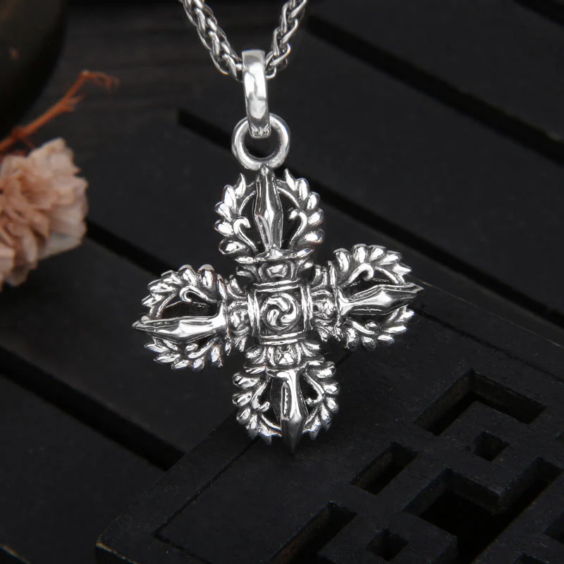 Mocoer 925 Sterling Silver Double Dorje Vajra Spiritual Strength Necklace Pendant - Mocoer