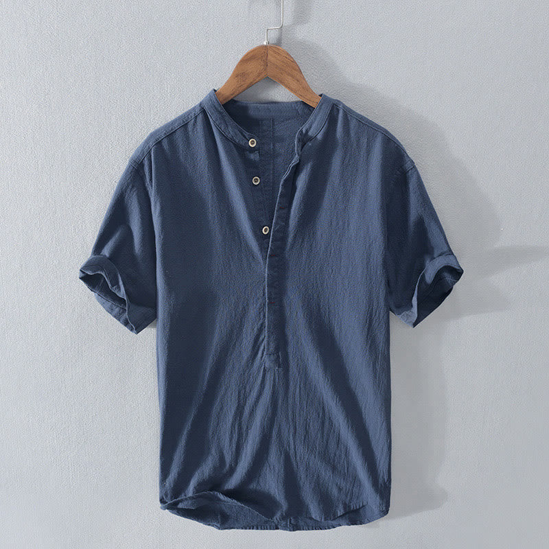 Mocoer Solid Color Short Sleeve Half Button Shirt Cotton Linen Men Clothing - Mocoer