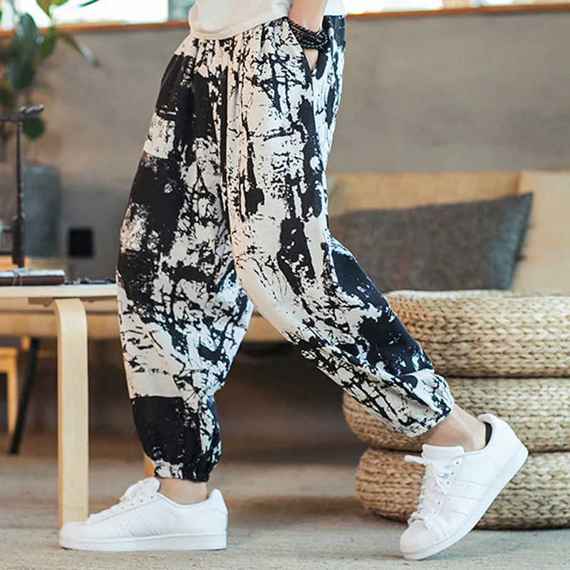 Mocoer Black White Ink Design Cotton Linen Drawstring Men's Harem Pants With Pockets - Mocoer