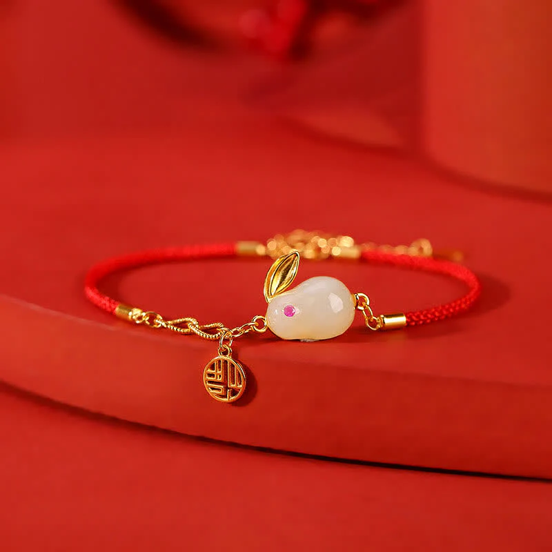 Mocoer 925 Sterling Silver Year of the Rabbit Hetian White Jade Luck Blessing Red String Bracelet - Mocoer