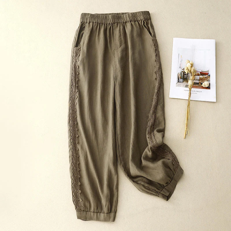 Mocoer Solid Color Lace Spliced Elastic Waist Harem Pants With Pockets - Mocoer