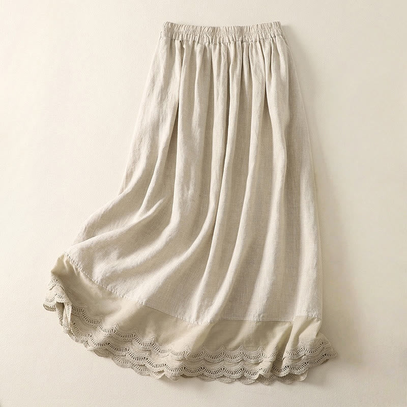 Mocoer Spring Casual Solid Color Lace Splicing Hem Women's Cotton Linen Skirt With Pockets - Mocoer
