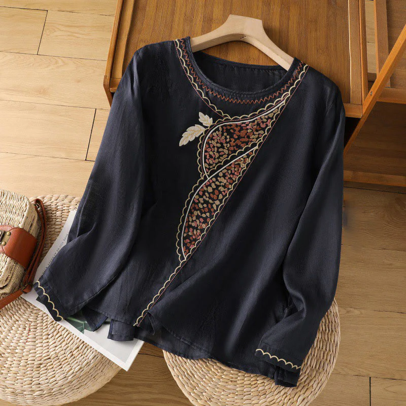 Mocoer Ethnic Embroidery Crew Neck Cotton Linen Pullover Clothing - Mocoer
