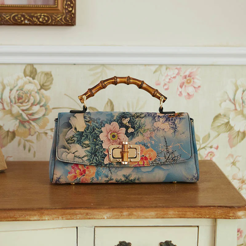 Mocoer Flower Pattern Bamboo Handle Metal Chain Crossbody Bag Handbags - Mocoer