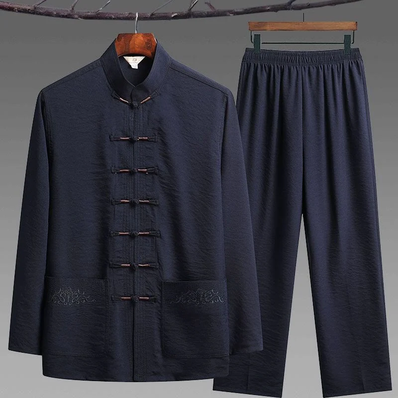 Mocoer 2Pcs Plain Tang Suit Men's Frog-Button Long Sleeve Shirt Pants Set - Mocoer