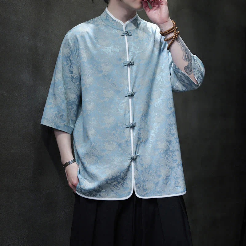 Mocoer Chinese Tang Suit Frog-Button Print Men's Half Sleeve Shirt - Mocoer