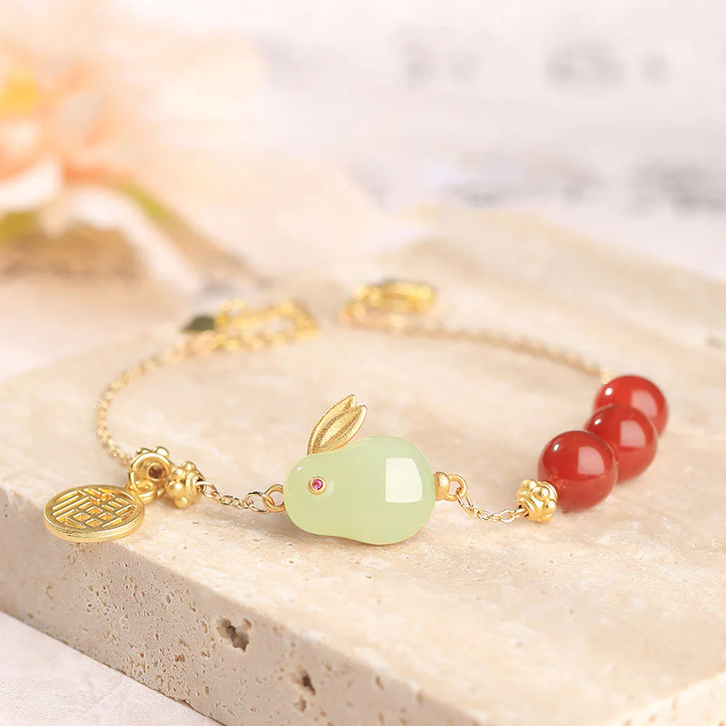 Mocoer Red Agate Beaded Hetian Jade Rabbit Fu Character Luck Buckle Chain Bracelet - Mocoer