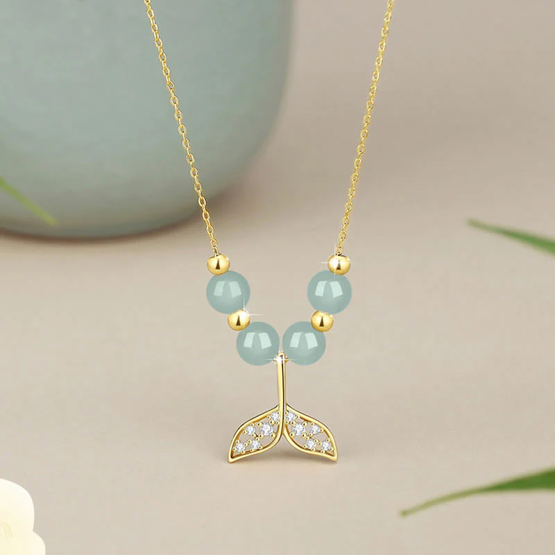 Mocoer 925 Sterling Silver Hetian Jade Bead Fishtail Luck Necklace Pendant - Mocoer