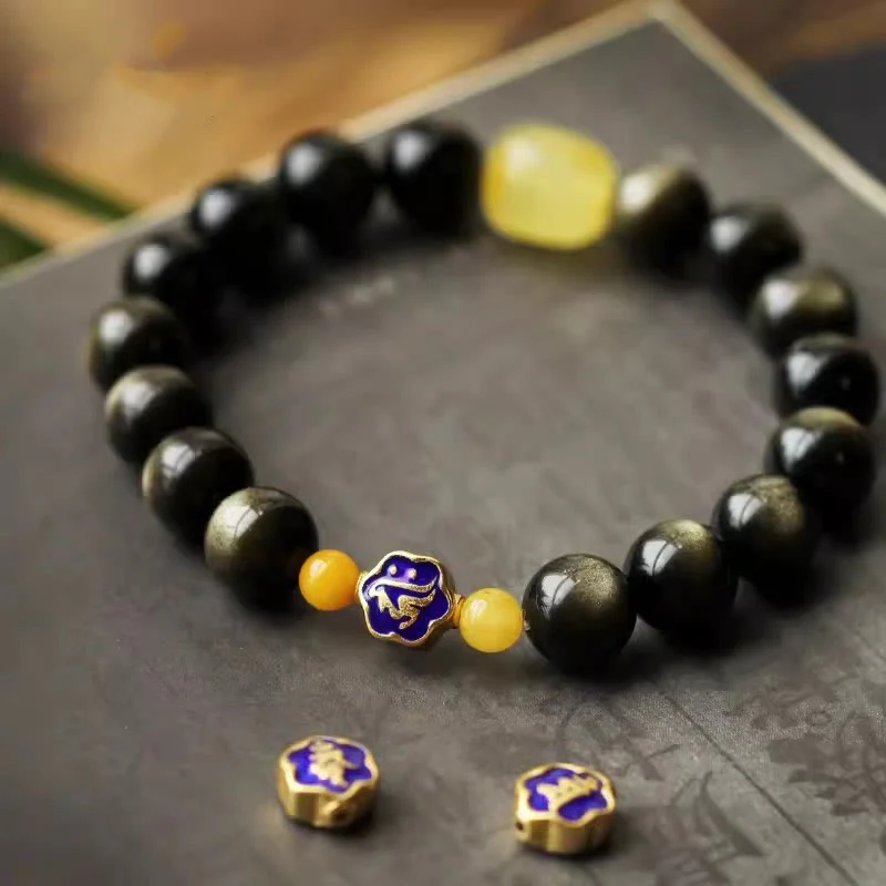 Mocoer 925 Sterling Silver Chinese Zodiac Natal Buddha Natural Gold Sheen Obsidian Amber Wealth Protection Bracelet - Mocoer