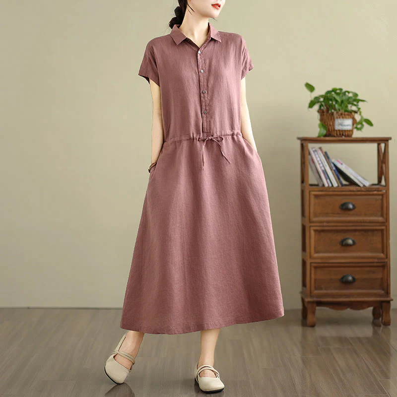 Mocoer Summer Plain Single Breasted Drawstring Cotton Linen Maxi Dress With Pockets - Mocoer