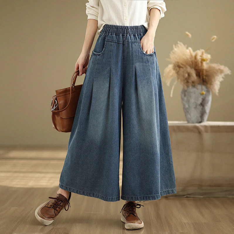 Mocoer Fall Vintage Distressed Design High Waist Women's Wide Leg Pants With Pockets - Mocoer