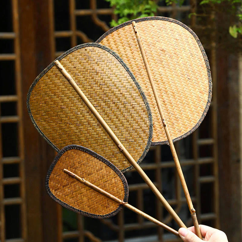 Mocoer Summer Retro Chinese Style Handmade Bamboo Woven Round Banana Shape Long Handle Fan - Mocoer