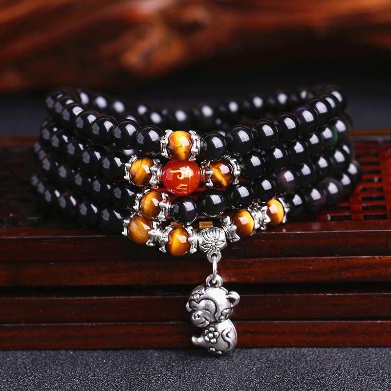 Mocoer Chinese Zodiac 108 Beads Black Obsidian Tiger Eye Fortune Mala Bracelet - Mocoer