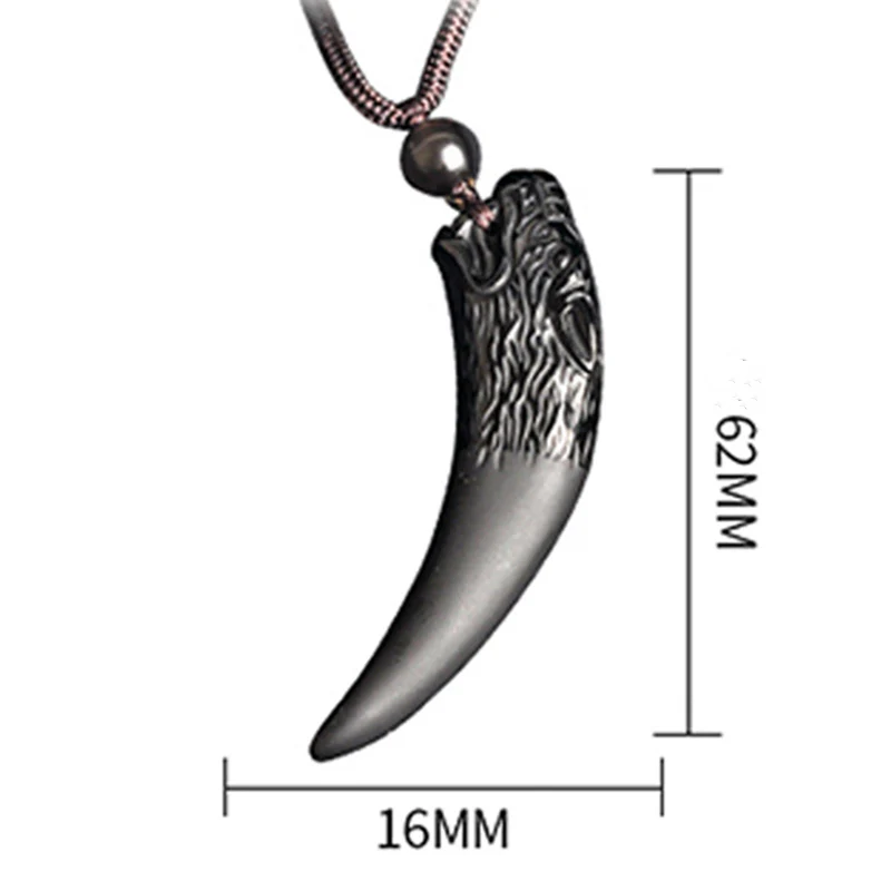 Mocoer Natural Black Obsidian Ice Obsidian Rainbow Obsidian Wolf Tooth Pattern Strength Necklace Pendant - Mocoer