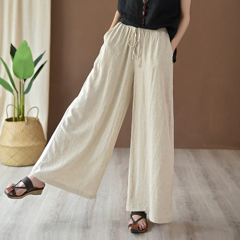Mocoer Loose Cotton Linen Drawstring Wide Leg Pants With Pockets - Mocoer