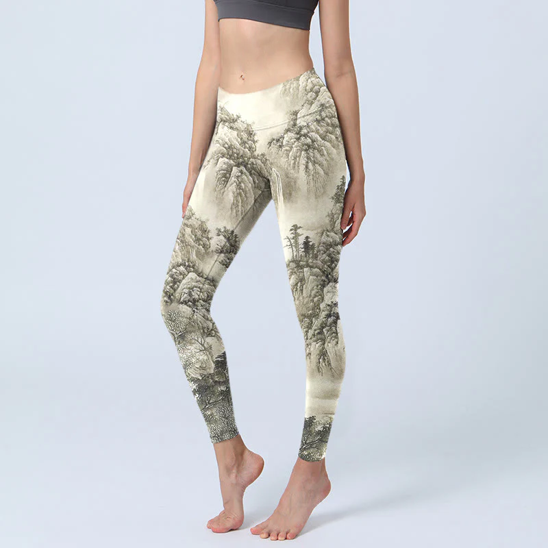Mocoer Mountain Tree River Scenery Print Sports Leggings Women's Yoga Pants - Mocoer