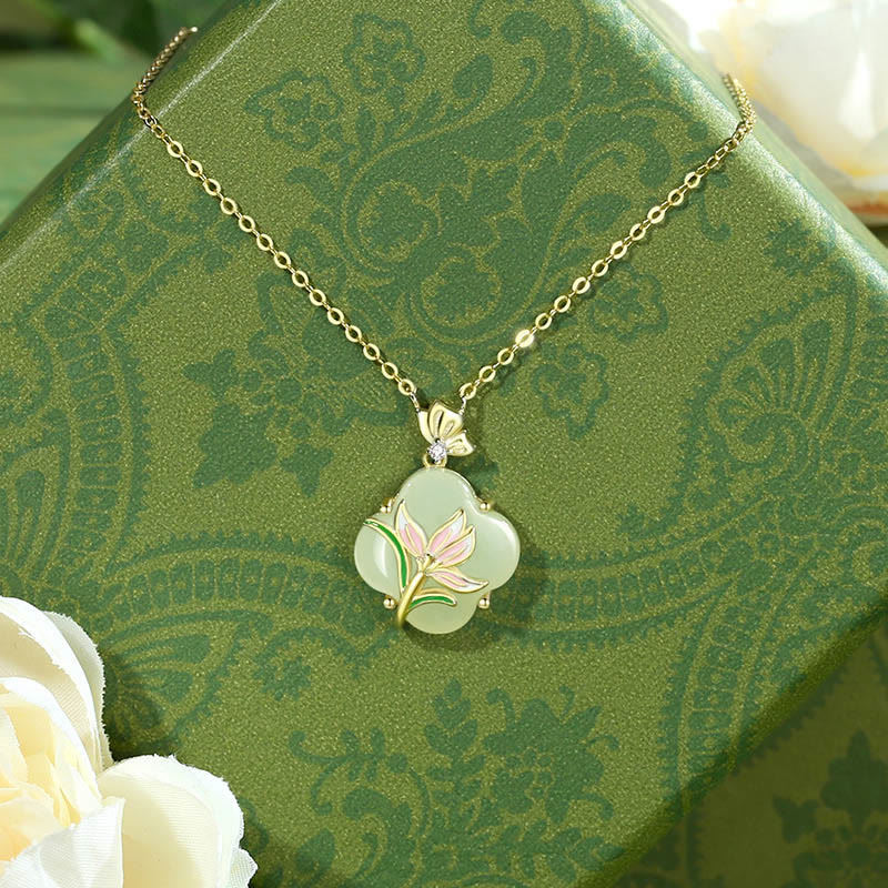 Mocoer 925 Sterling Silver Magnolia Butterfly Hetian Jade Four Leaf Clover Blessing Earrings Necklace Pendant - Mocoer