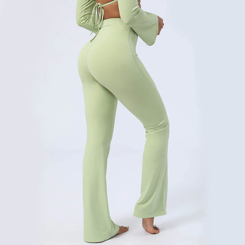 Mocoer Long Sleeve Backless Strap Top Bra Flare Pants Fitness Yoga Outfit - Mocoer