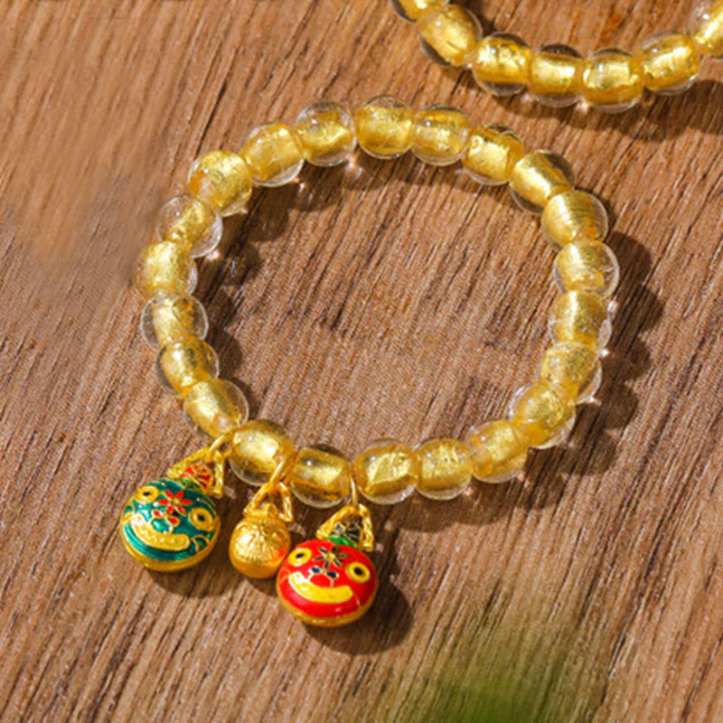 Mocoer Gold Swallowing Beast Family Charm Gold Foil Liuli Glass Bead Fortune Bracelet - Mocoer