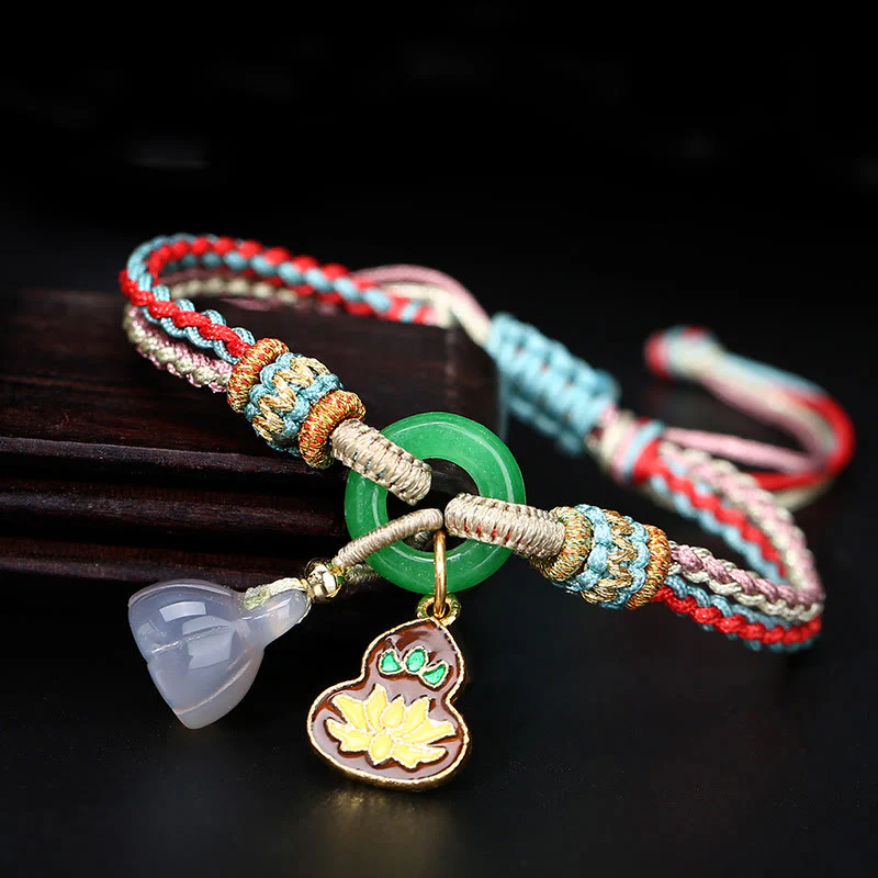 Mocoer Colorful Rope Chalcedony Lotus Jade Peace Buckle Harmony Gourd Charm Bracelet - Mocoer