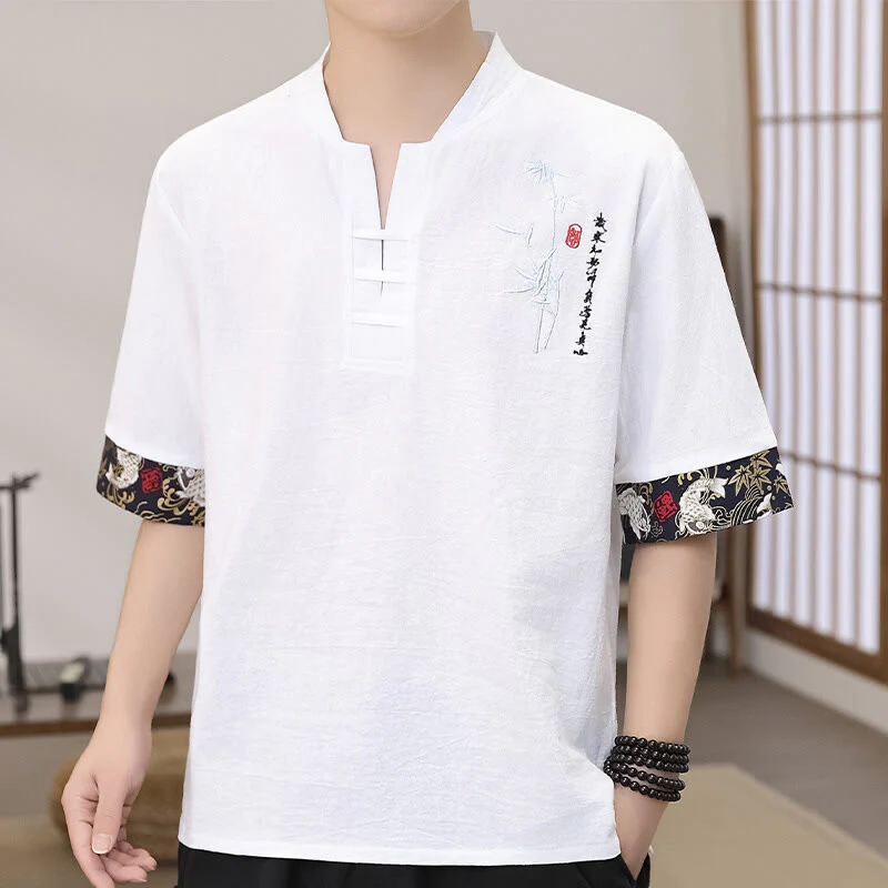 Mocoer Summer Embroidery Bamboo Pattern Patchwork Design Men's Half Sleeve Cotton Linen T-Shirt - Mocoer