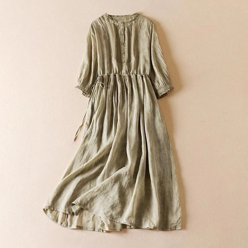 Mocoer Casual Drawstring Design Short Sleeve Cotton Midi Dress With Pockets - Mocoer