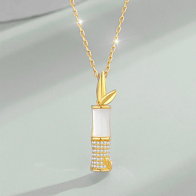 Mocoer 925 Sterling Silver Hetian White Jade Bamboo Happiness Necklace Pendant - Mocoer