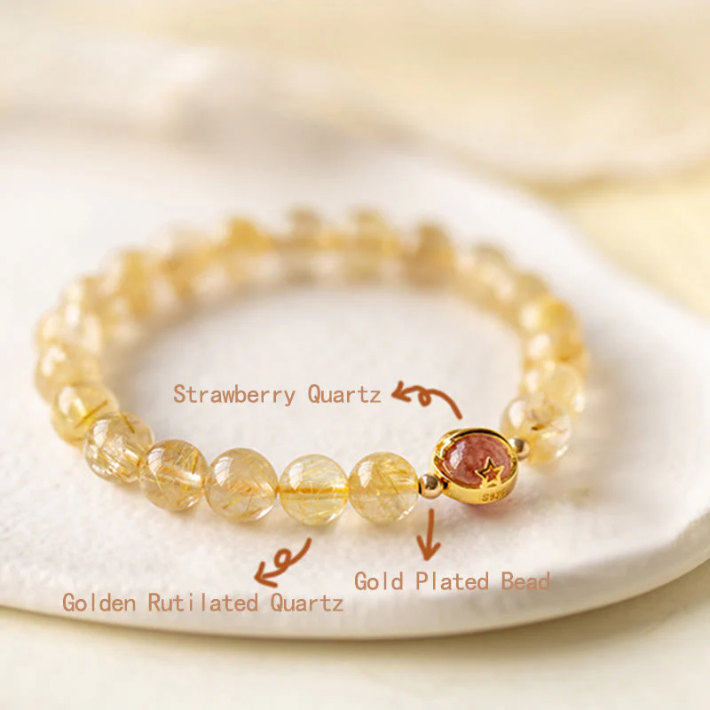 Mocoer Golden Rutilated Quartz Strawberry Quartz Star Protection Bracelet - Mocoer
