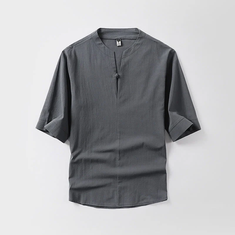 Mocoer Casual Plain Color One Button Three Quarter Sleeve Cotton Linen Men's Shirt - Mocoer