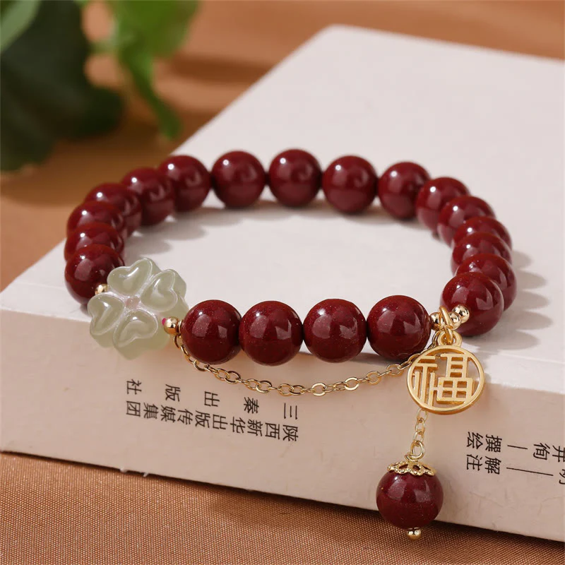 Mocoer Cinnabar Fu Character Hetian Jade Lucky Four Leaf Clover Blessing Bracelet - Mocoer
