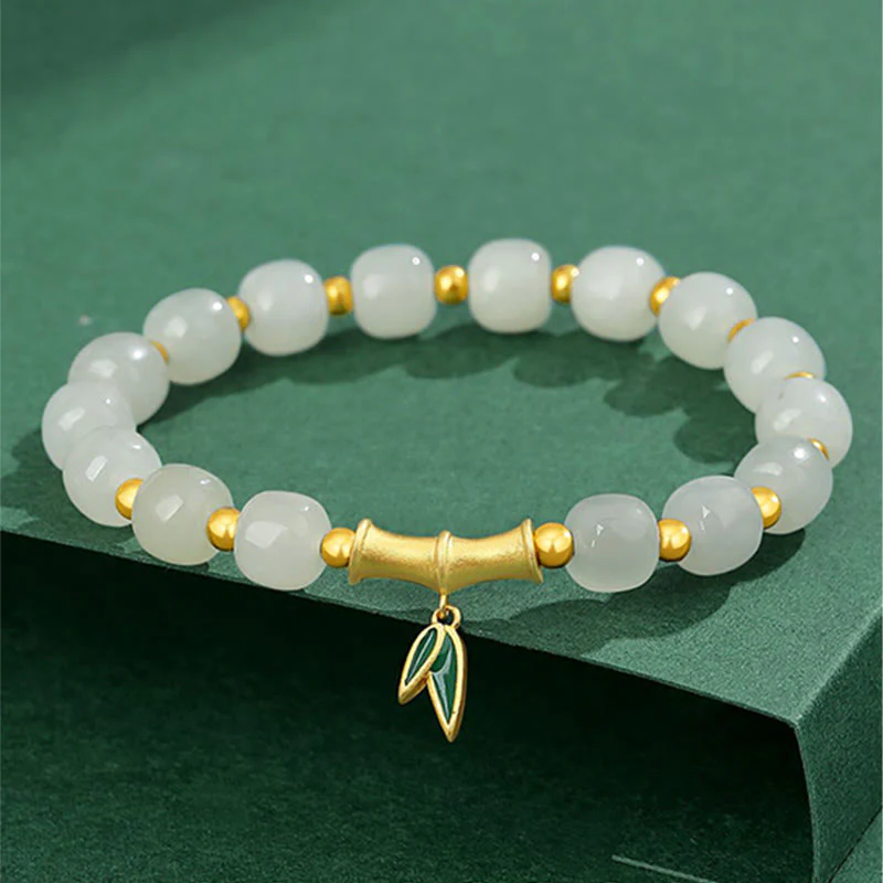 Mocoer 925 Sterling Silver Hetian White Jade Bamboo Luck Bracelet - Mocoer