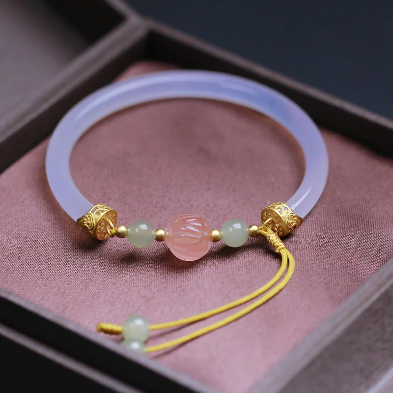 Mocoer Natural White Agate Lotus Hetian Jade Beads Positive Bracelet Bangle - Mocoer