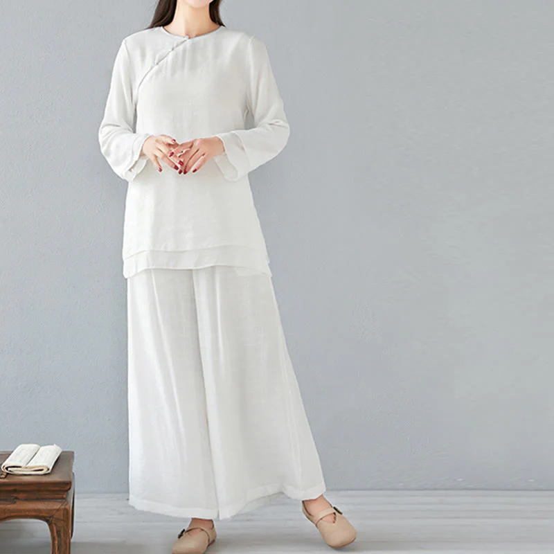 Mocoer 2Pcs Three Quarter Sleeve Long Sleeve Shirt Wide Leg Pants Meditation Cotton Linen Clothing Women's Set - Mocoer