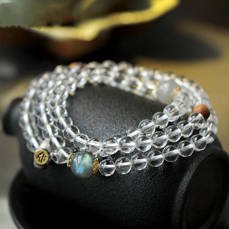 Mocoer 925 Sterling Silver Chinese Zodiac Natal Buddha White Crystal Meditation Triple Wrap Bracelet - Mocoer